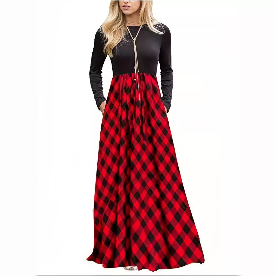 Damen Maxikleid mit modernem Karomuster und langen Ärmeln R&B