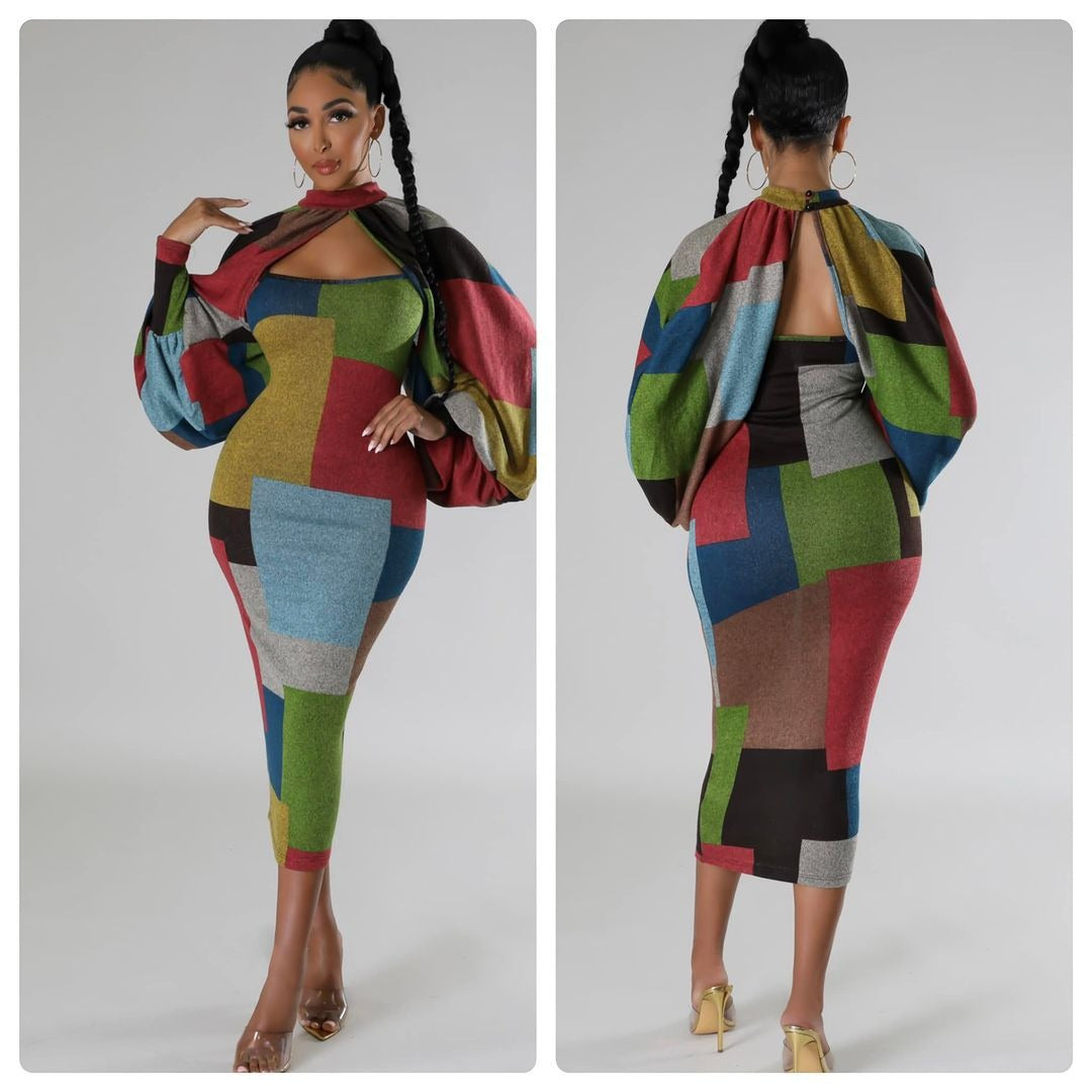 Damen Langarm-Kleid mit geometrischem Schnitt und voluminösen Ärmeln R&B