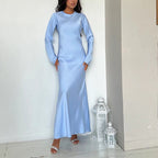 Damen elegantes Maxikleid mit schickem Stehkragen und langem Schnitt R&B