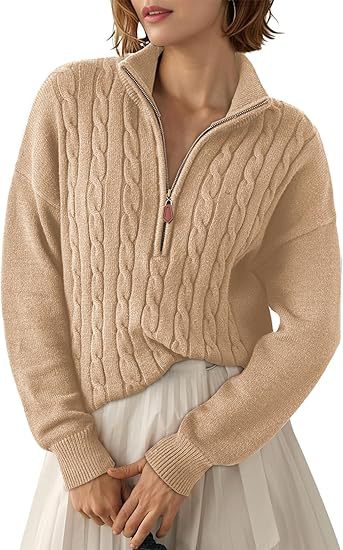 Damen Grobstrick Pullover mit Stehkragen und halbem Reißverschluss R&B