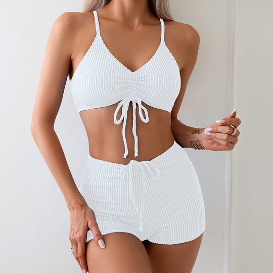 Damen Crop-Bikini-Set mit gerafftem Oberteil und Shorts R&B