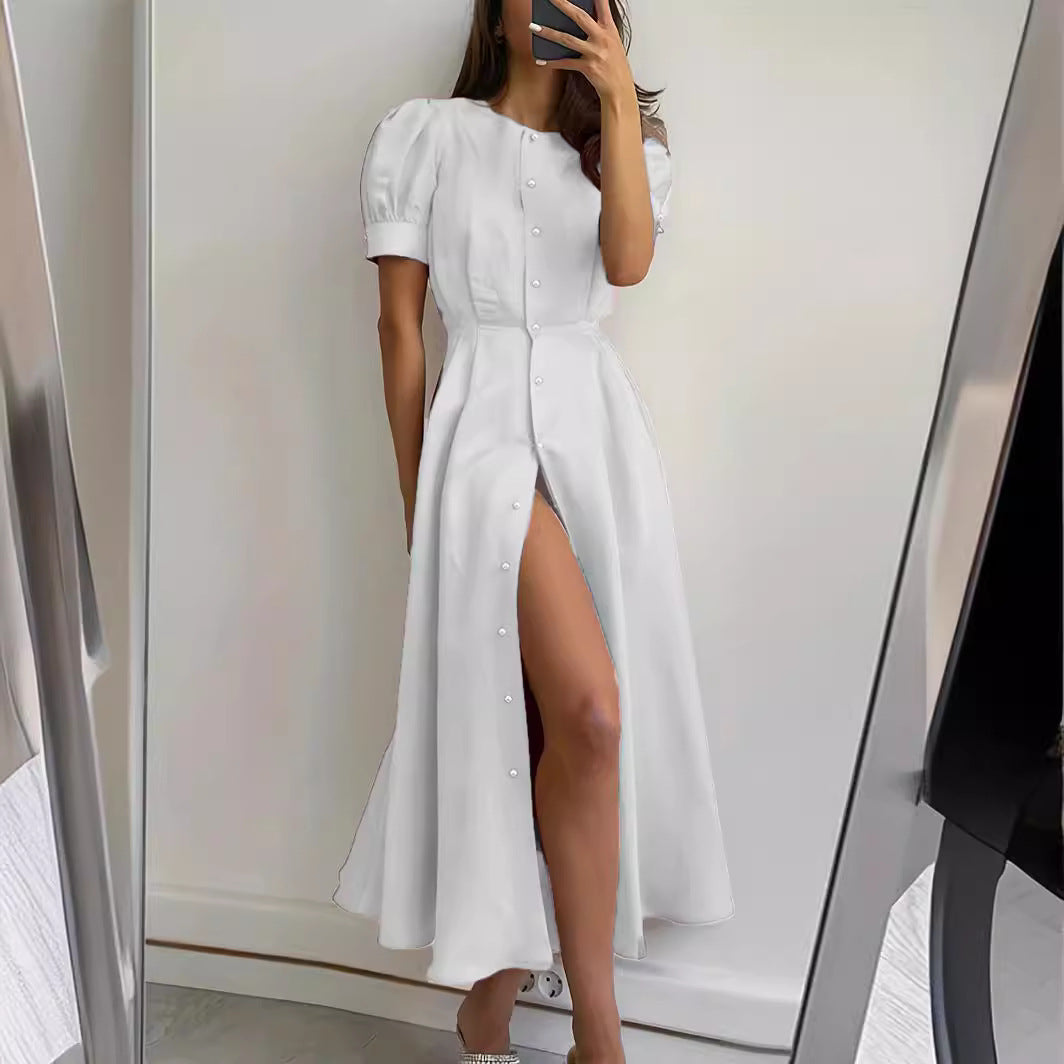 Damen Maxikleid mit Knopfdetail und seitlichem Schlitz R&B