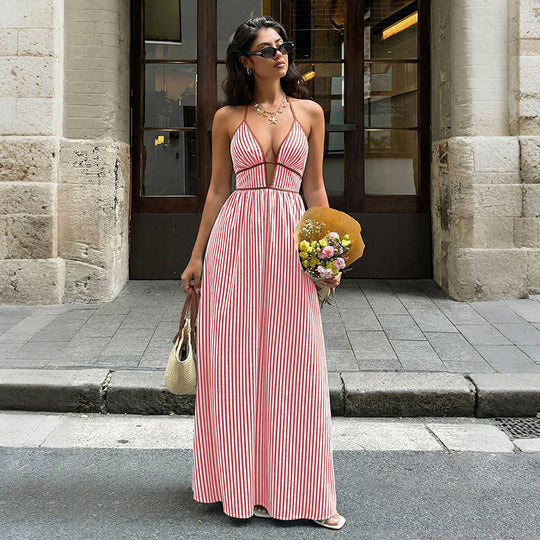 Damen Maxi-Kleid mit tiefem V-Ausschnitt und raffiniertem Streifenmuster R&B