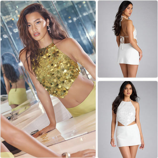 Damen Glamouröses Haltertop mit funkelnden Pailletten und elegantem Schnitt R&B