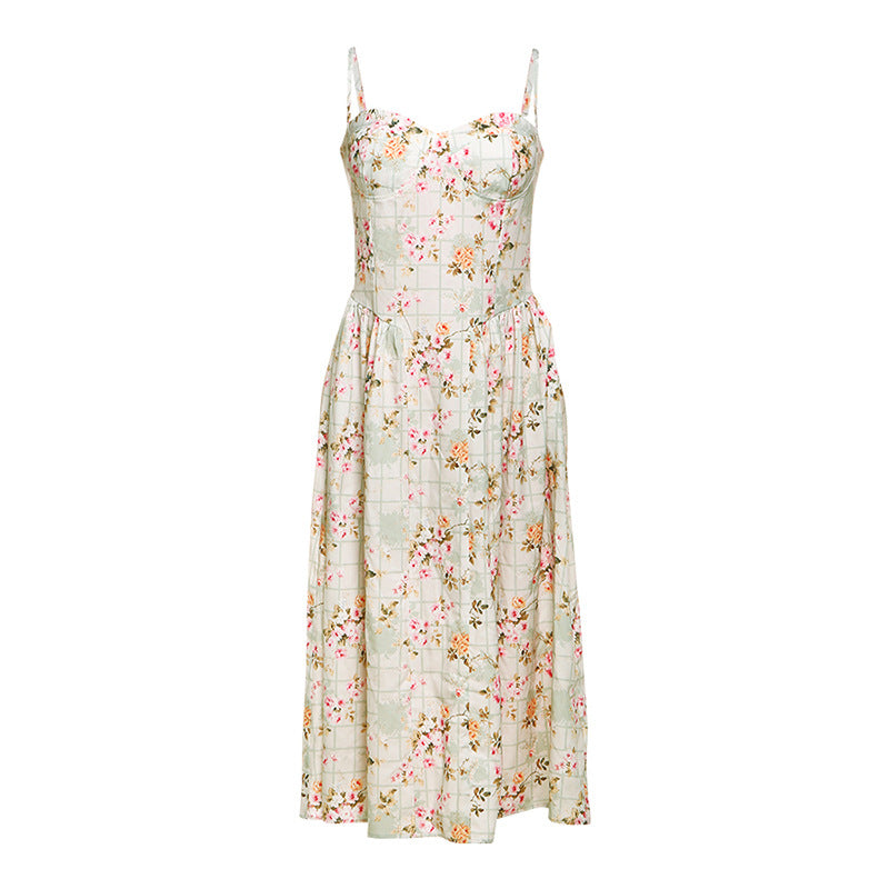 Damen Blumendesign Midi-Kleid mit Spaghettiträgern und fließendem Rock R&B