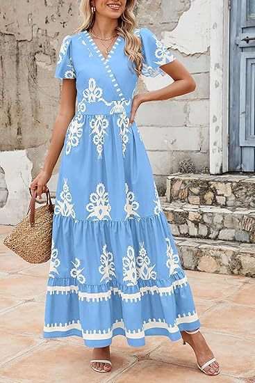 Damen Maxikleid mit V-Ausschnitt und kontrastierenden Stickdetails R&B