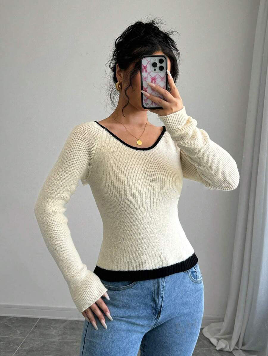 Damen modischer Pullover mit kontrastierendem Saum und tiefem V-Ausschnitt R&B