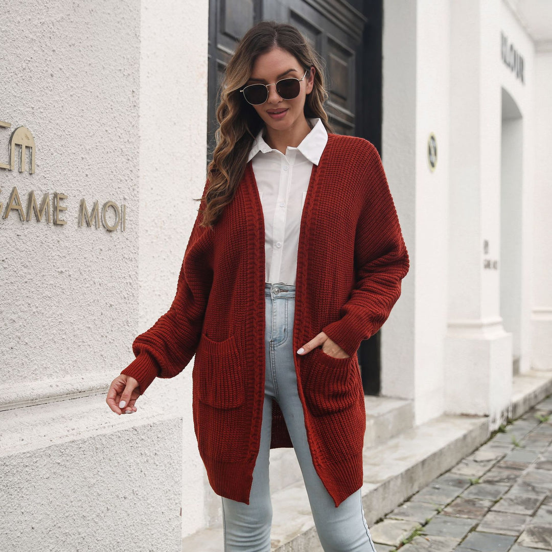 Damen Lässige Strickjacke mit tiefem V-Ausschnitt und praktischen Taschen R&B