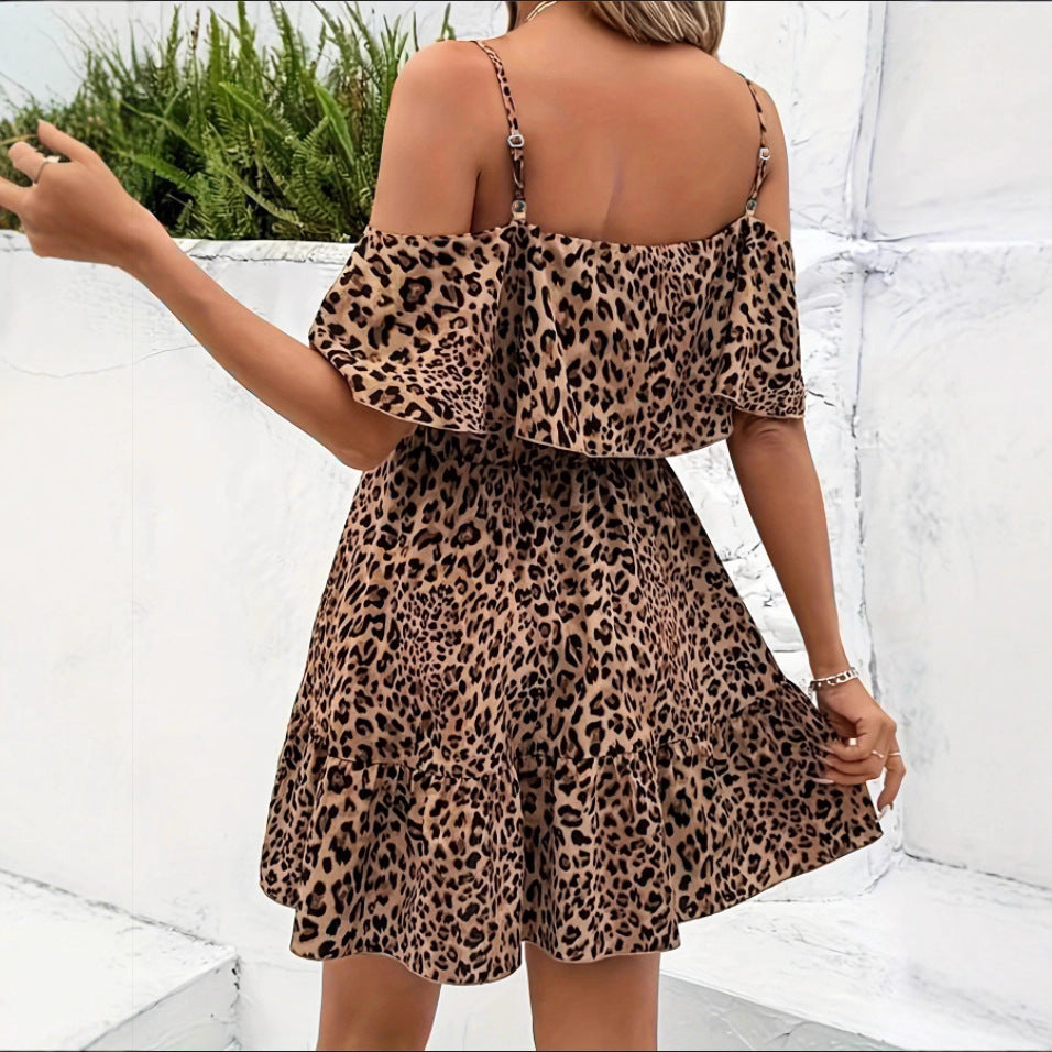 Damen Off-Shoulder Kleid mit verspieltem Volant und tierischem Muster