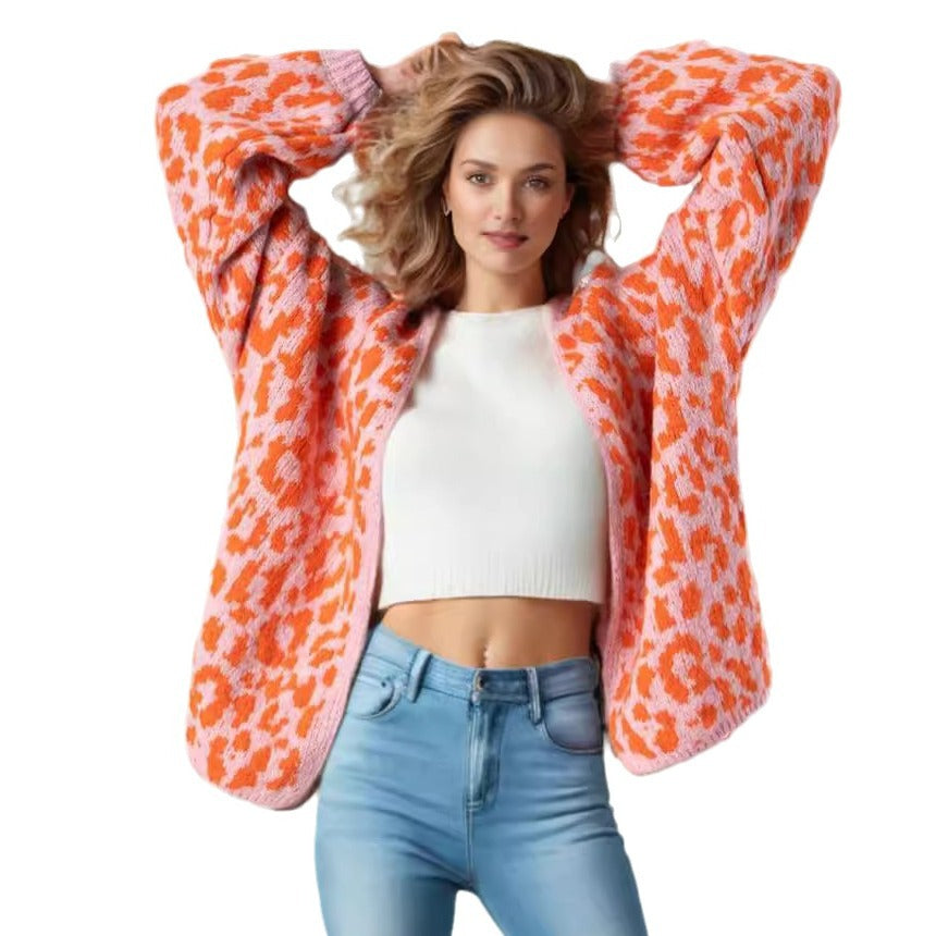 Damen grob gestrickter Cardigan mit stilvollem Leopardenmuster und bequemen Oversize-Details R&B