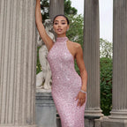 Damen Glitzerndes Abendkleid mit hohem Kragen und figurbetontem Schnitt EB