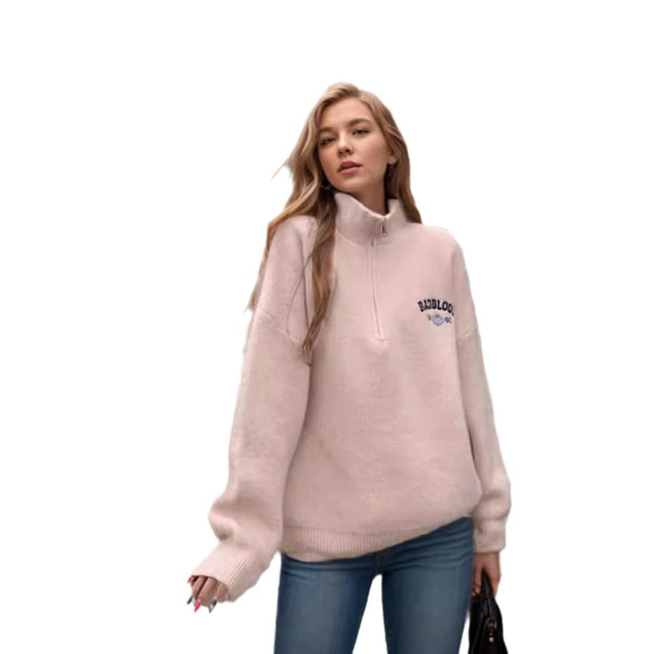 Damen Flauschiger Stehkragenpullover mit Reißverschluss und modernen Details R&B