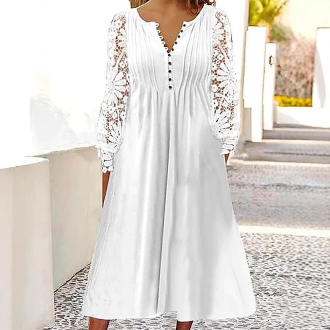 Damen Midikleid mit eleganter Lochspitzenärmel und Knopfleiste R&B