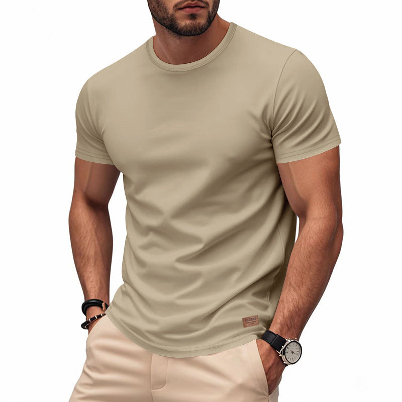 Herren nan schlankes Rundhals-T-Shirt aus glattem Stretchjersey mit dezenter Leder-Logoapplikation R&B