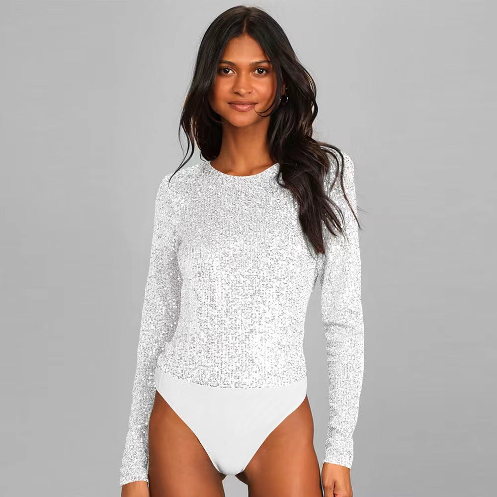 Damen Funktionsreicher Pailletten-Bodysuit mit langem Arm R&B