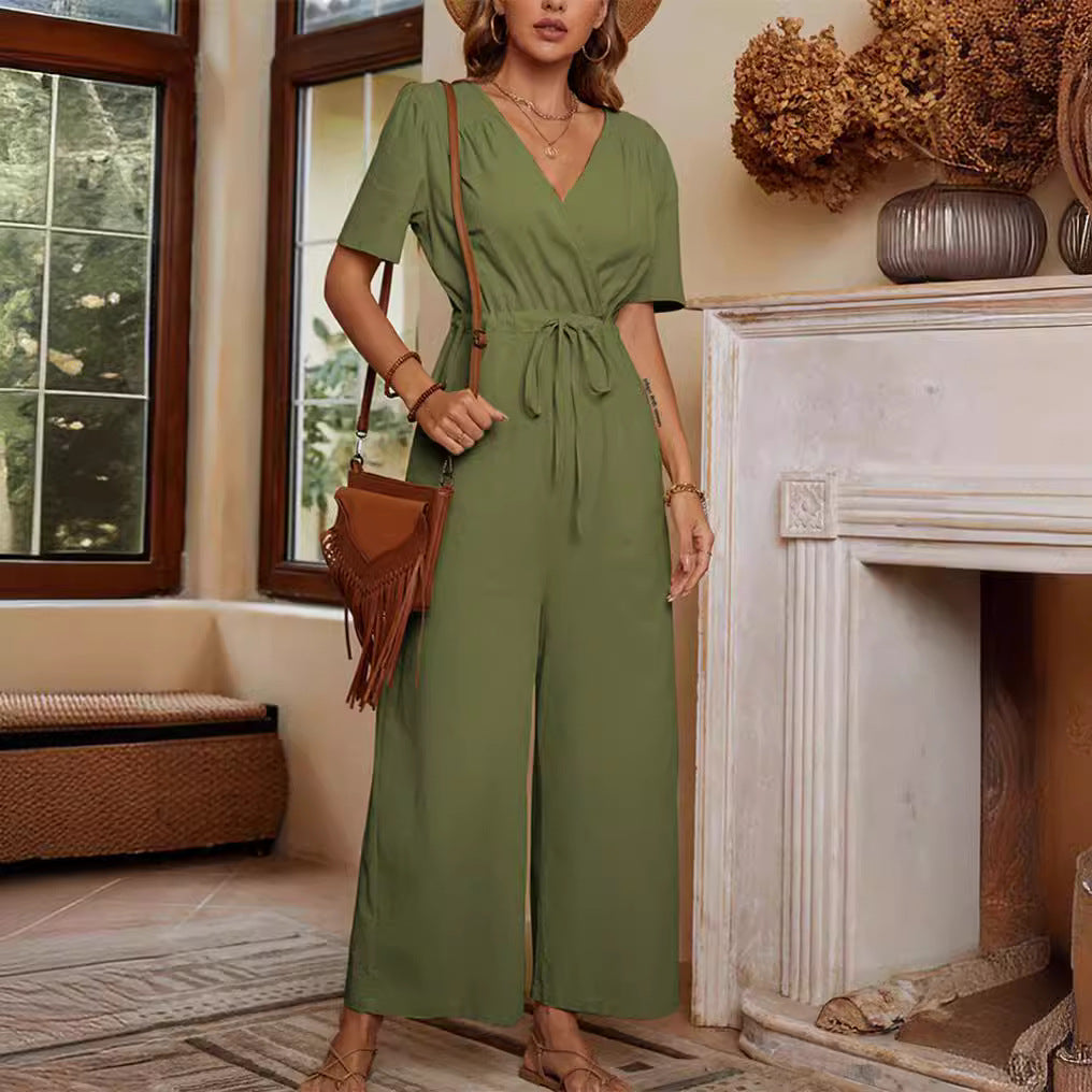 Damen lässiger Jumpsuit mit Taillengürtel und weitem Bein R&B