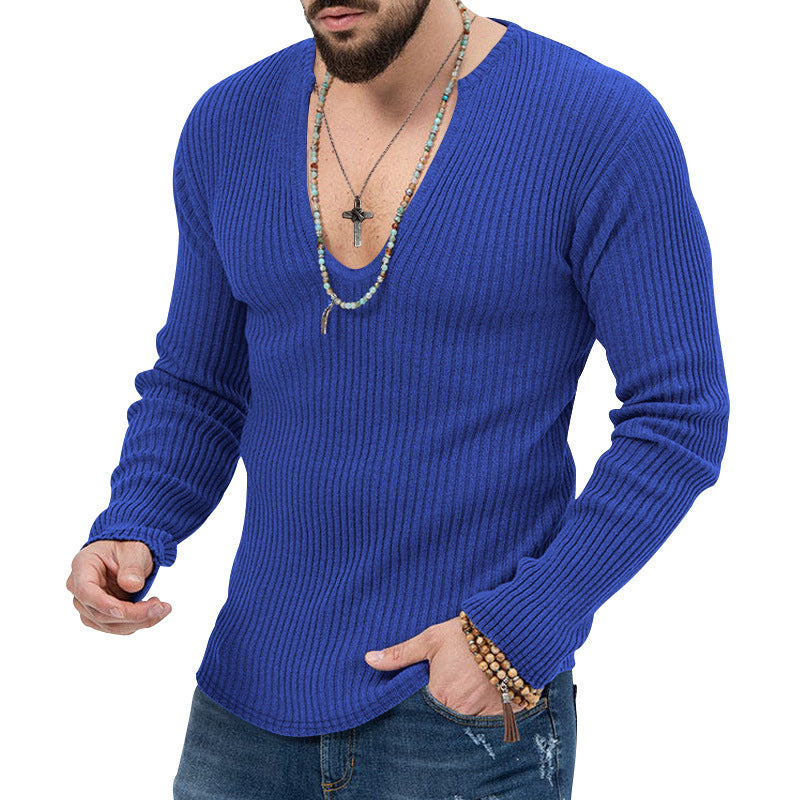 Herren Langarm-Rippenpullover mit tiefem V-Ausschnitt und modernem Schnitt R&B