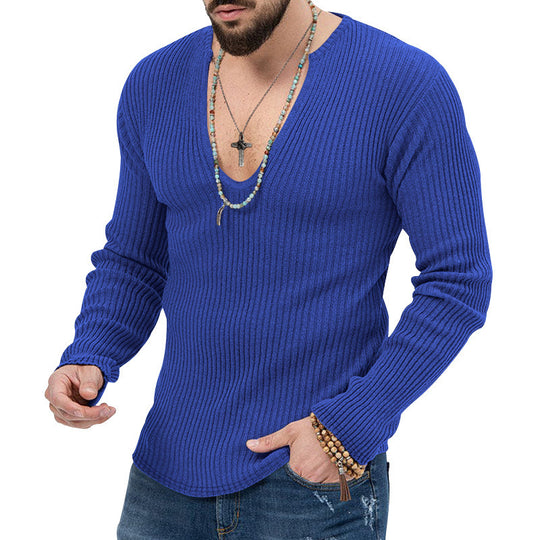 Herren Langarm-Rippenpullover mit tiefem V-Ausschnitt und modernem Schnitt R&B