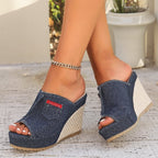 Damen Wedge-Pantoletten mit Denim-Obermaterial und raffiniertem Keilabsatz R&B