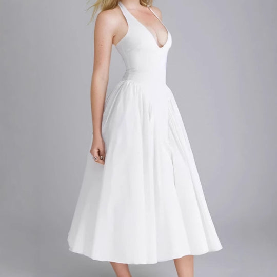 Damen Midikleid mit tiefem V-Ausschnitt und fließendem Rock R&B