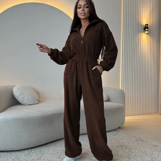 Damen eleganter Jumpsuit mit kurzem Reißverschluss und elastischem Bund R&B