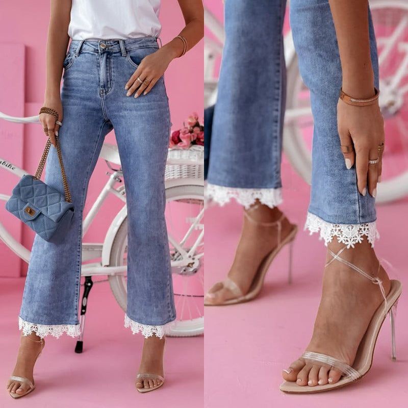 Damen Weit geschnittene Jeans mit Spitzenabschluss R&B