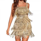 Damen Glamouröses Fransen-Cocktailkleid mit Pailletten und tiefem V-Ausschnitt EB