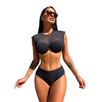 Damen Sport-Bikini-Oberteil mit transparenten Ärmeln und hochgeschnittenem Unterteil R&B