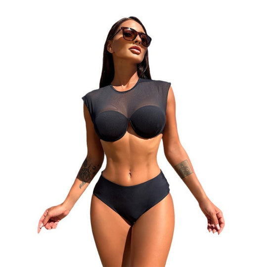Damen Sport-Bikini-Oberteil mit transparenten Ärmeln und hochgeschnittenem Unterteil R&B