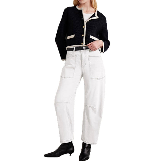 Damen Weite Denim-Hose mit hohem Bund und Taschen