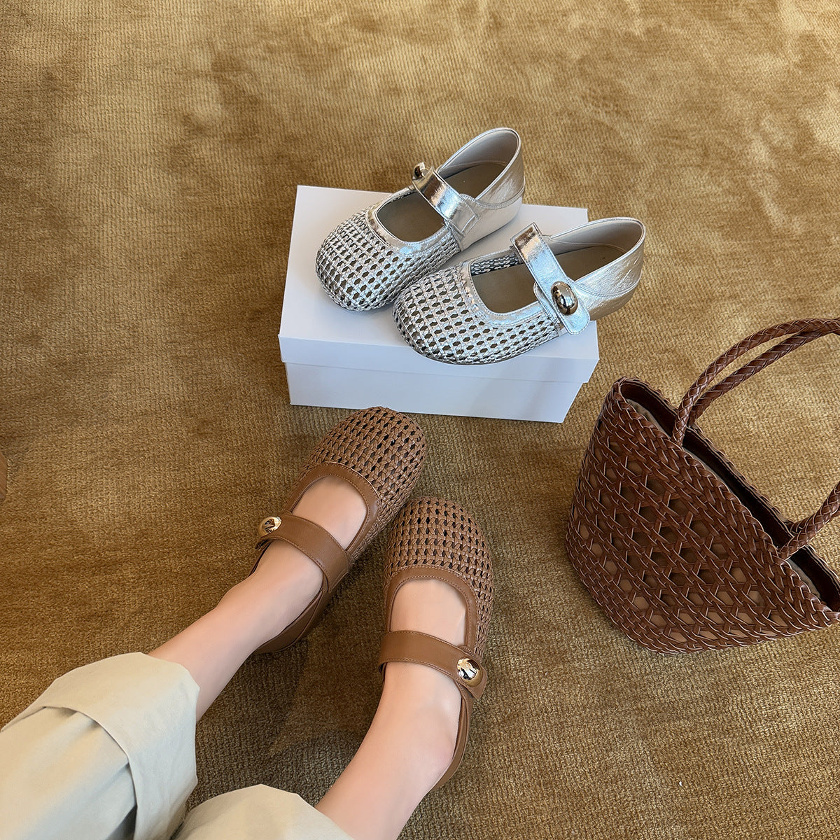 Damen Modische Ballerinas mit dekorativer Schnalle und Netzdesign