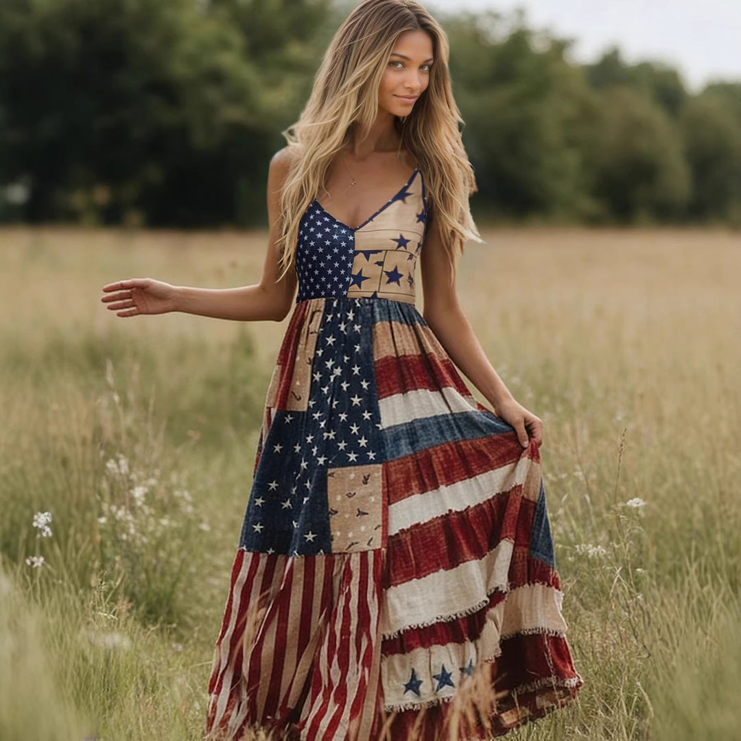Damen Lange Sommerkleid mit buntem Patchwork-Design und V-Ausschnitt R&B