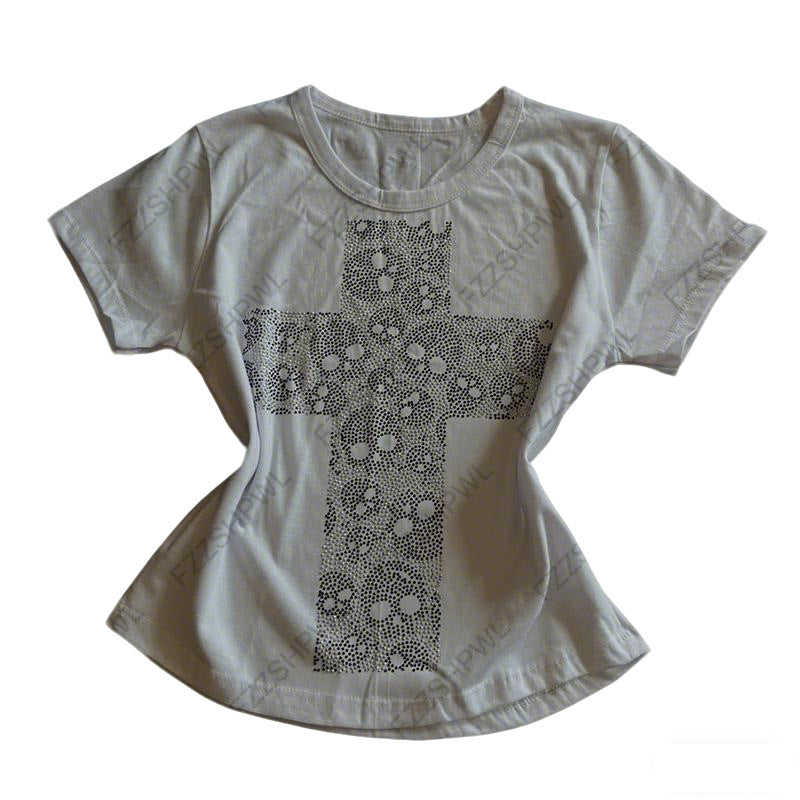 Damen T-Shirt mit kreativem Kreuzdruck R&B