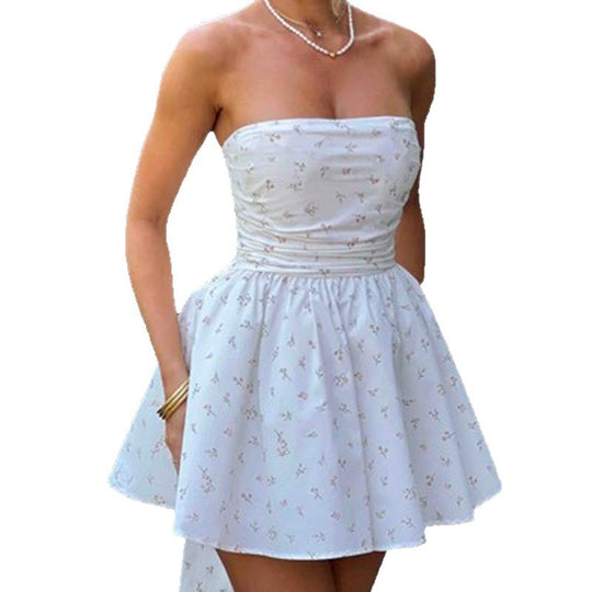Damen Charmantes Trägerloses Sommerkleid mit floralem Design und gerafftem Rock R&B