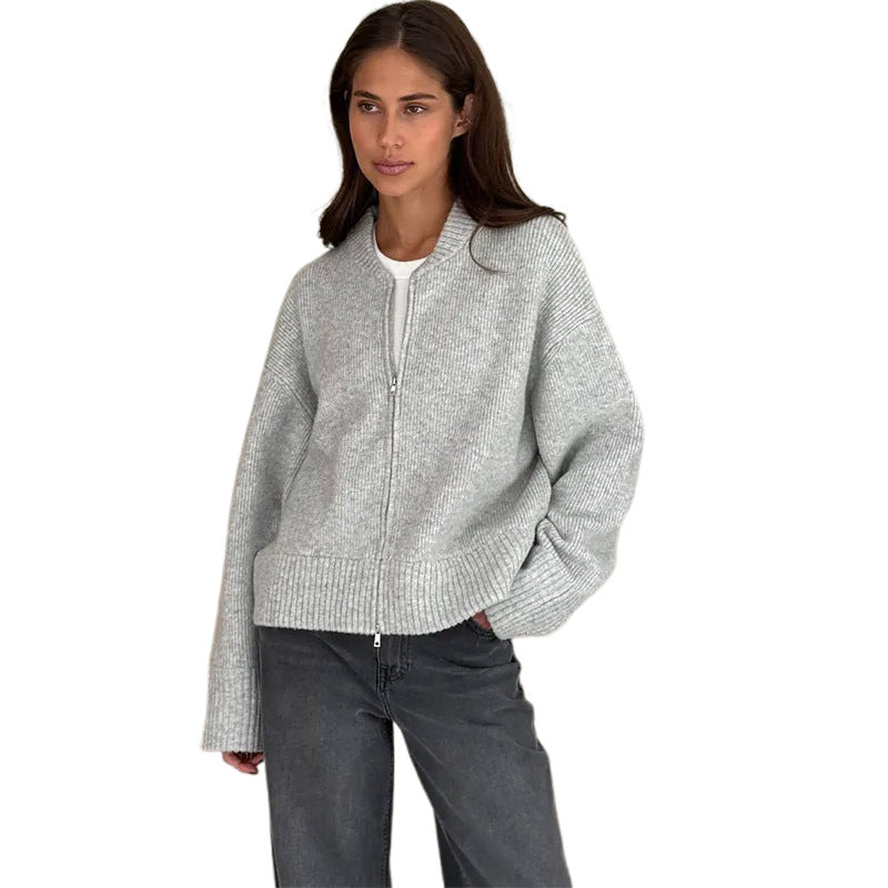 Damen lässige Strickjacke mit hohem Kragen und Reißverschluss R&B