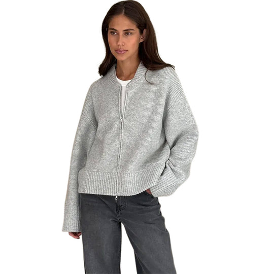 Damen lässige Strickjacke mit hohem Kragen und Reißverschluss R&B