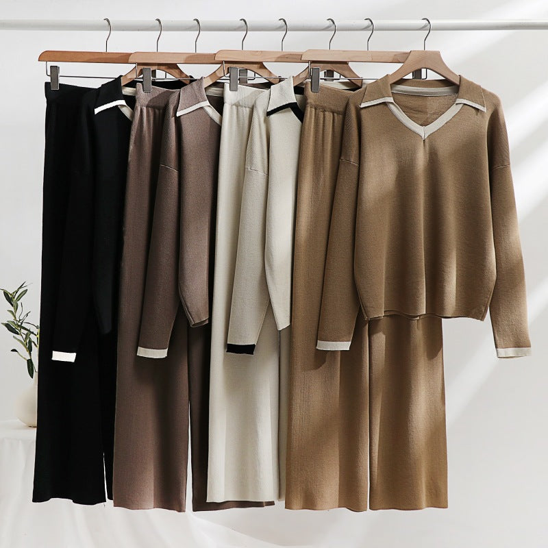Damen gemütliches Strick-Loungewear-Set mit kontrastierendem Kragen und weitem Bein R&B