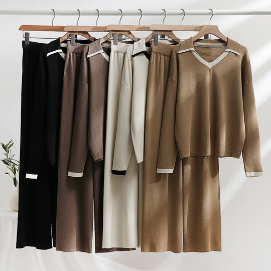 Damen gemütliches Strick-Loungewear-Set mit kontrastierendem Kragen und weitem Bein R&B