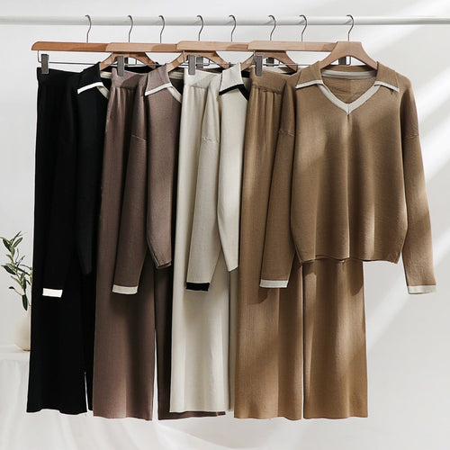 Damen gemütliches Strick-Loungewear-Set mit kontrastierendem Kragen und weitem Bein R&B
