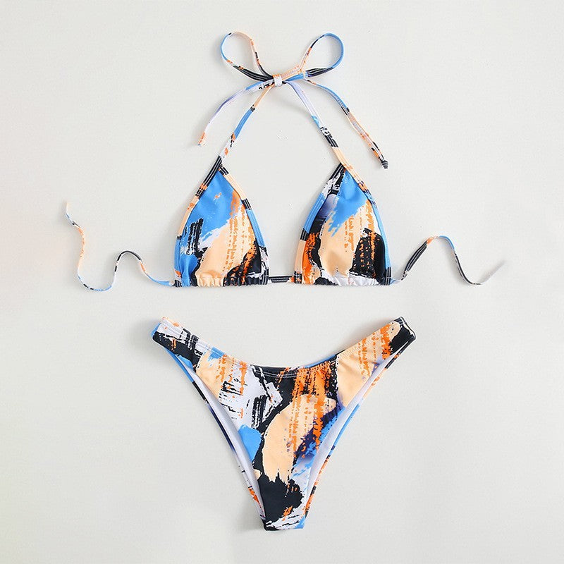 Damen Triangel-Bikini-Set mit verstellbarem Knoten und elastischem Hochschnitt R&B