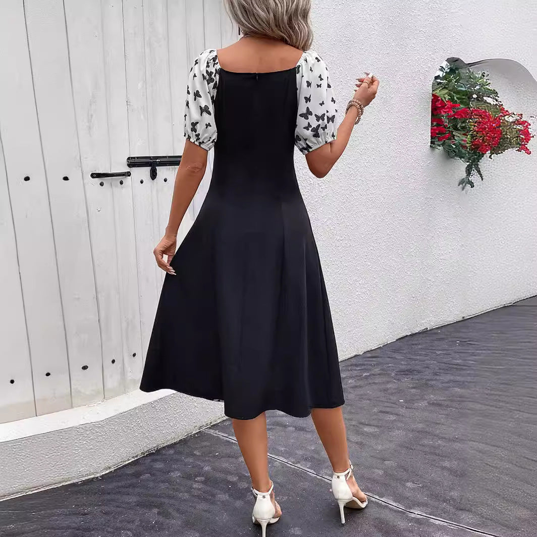 Damen Maxikleid mit Puffärmeln und Schmetterlingsmuster R&B