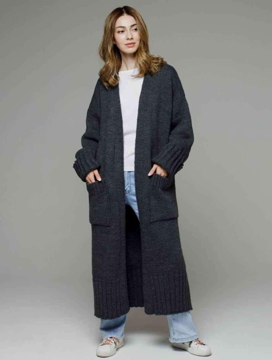 Damen Langer Strickmantel mit praktischen Taschen und strukturiertem Design R&B