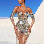 Damen Glitzerndes Abendkleid mit transparenten Ärmeln R&B