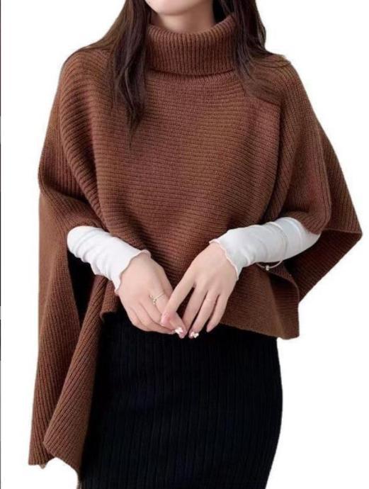 Damen Strickponcho mit hohem Kragen und asymmetrischem Schnitt R&B