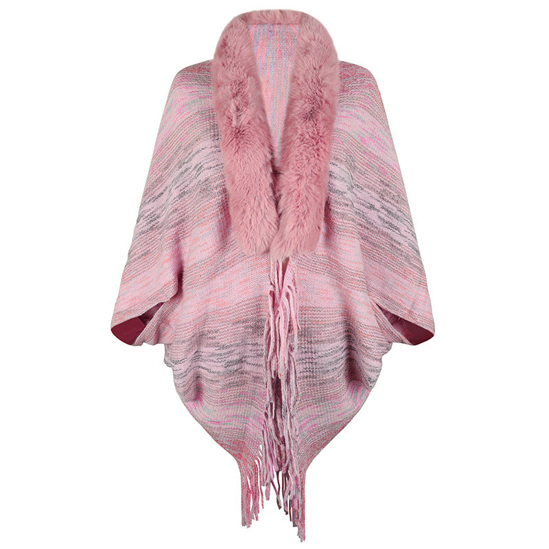 Damen eleganter Poncho mit luxuriösem Kunstfellkragen und fransigem Saum R&B
