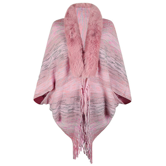 Damen eleganter Poncho mit luxuriösem Kunstfellkragen und fransigem Saum R&B