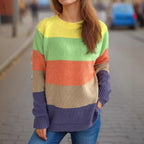 Damen lässiger Strickpullover mit bunten Blockstreifen und weitem Schnitt R&B
