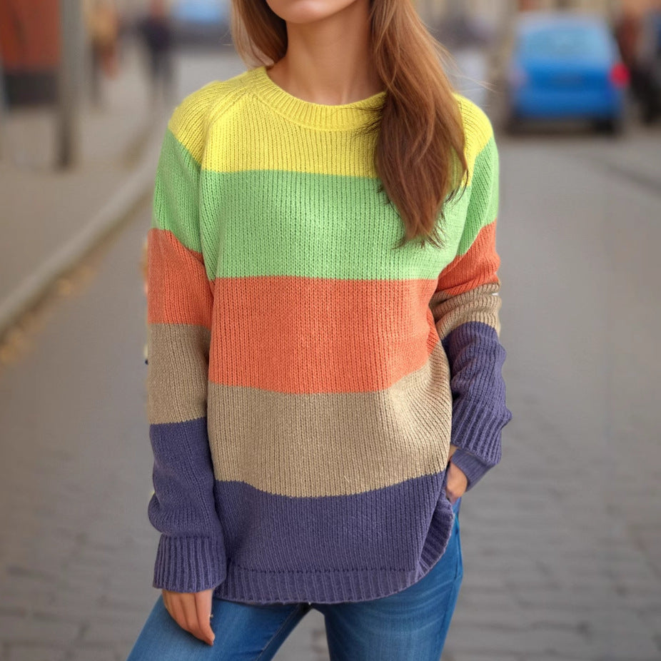 Damen lässiger Strickpullover mit bunten Blockstreifen und weitem Schnitt R&B