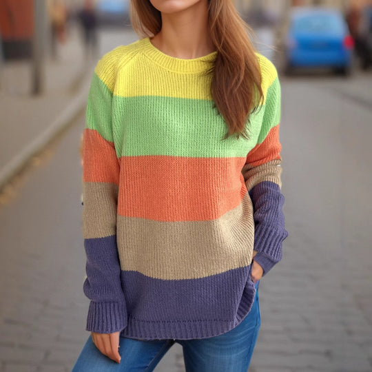 Damen lässiger Strickpullover mit bunten Blockstreifen und weitem Schnitt R&B