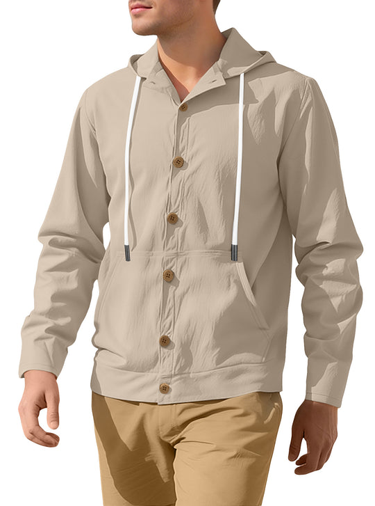 Herren nan leichte Kapuzenjacke mit Knopfleiste, Kängurutasche und Tunnelzug R&B